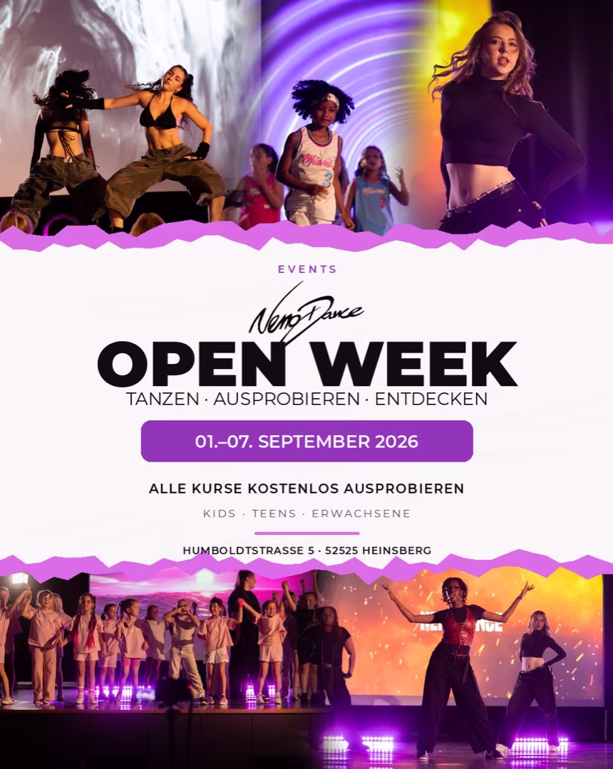 Ankündigung der Open Week bei NenoDance vom 01. bis 07. September 2026, alle Kurse kostenlos ausprobieren